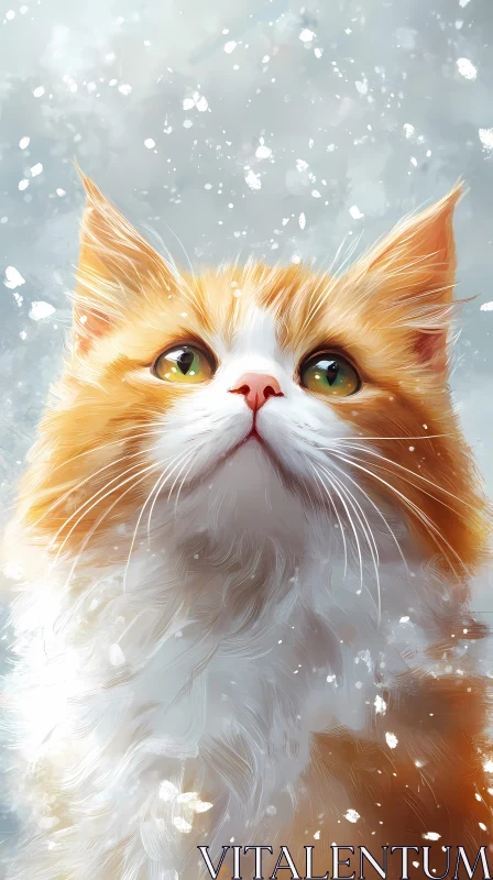 AI ART Fluffy Cat Portrait with Snowflakes