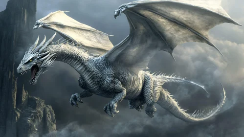 Fantasy White Dragon in Flight