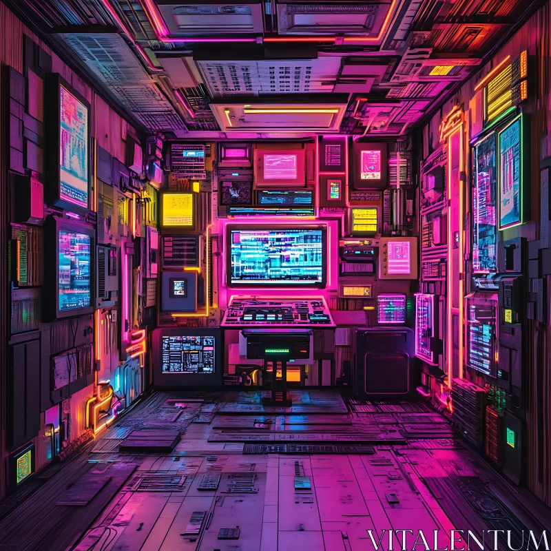 Cyberpunk Neon Control Room Interior AI Image