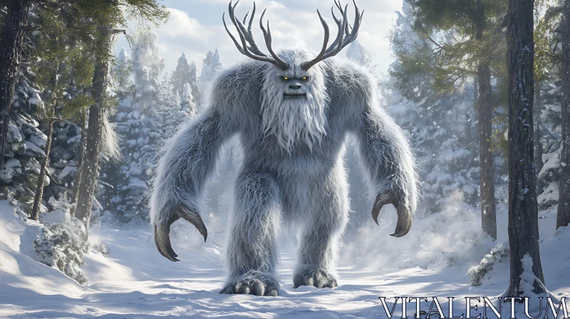 AI ART Antlered Yeti in Snowy Forest