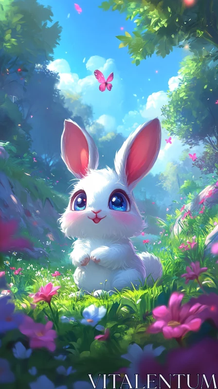 AI ART White Bunny and Butterfly in Forest