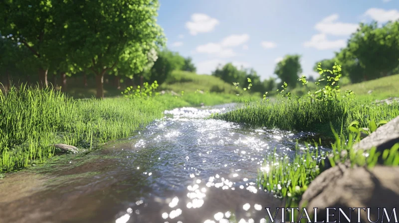 Serene Brook amidst Verdant Landscape AI Image