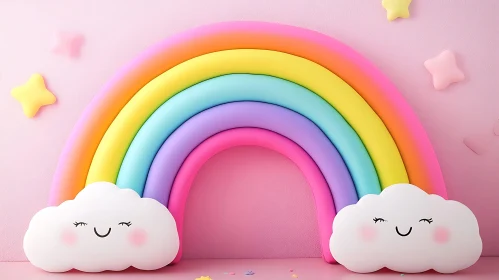 Rainbow with Smiling Clouds on Pink