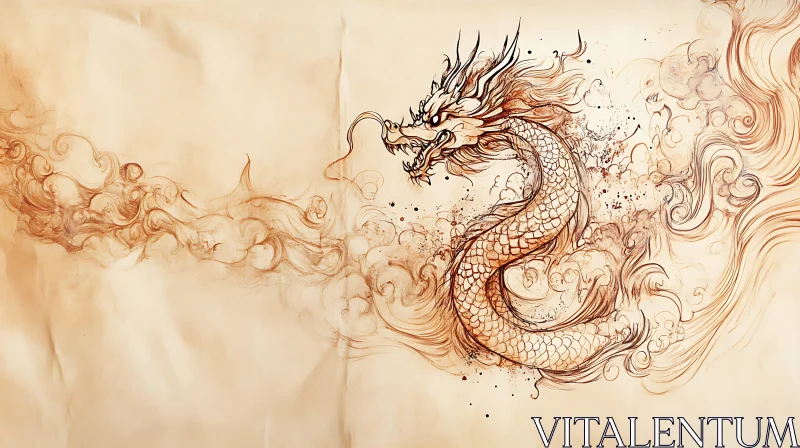 AI ART Sepia Dragon Drawing with Cloud Accents