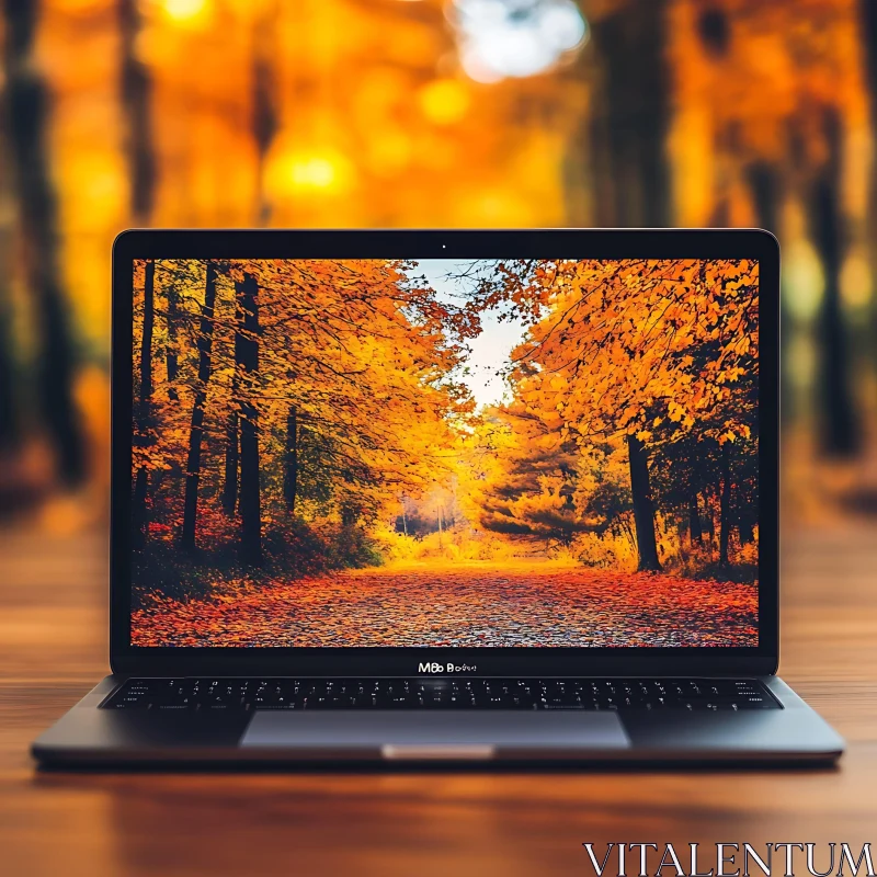 Laptop Showing Autumnal Forest Scene AI Image