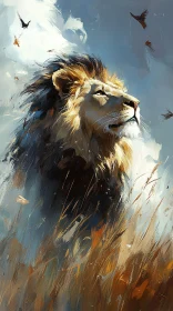 Powerful Lion in Windblown Grass