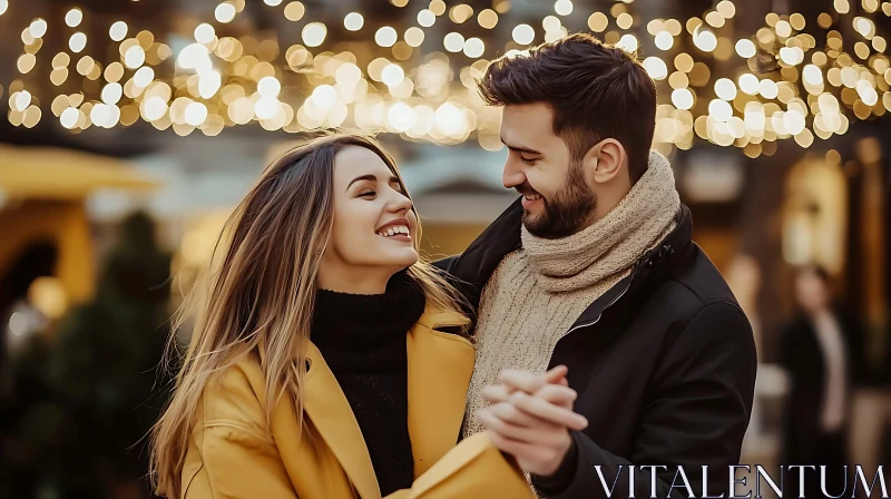 Smiling Couple Under Bokeh Lights AI Image