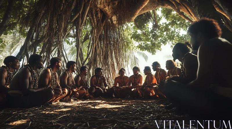 Indigenous Men Circle Under Banyan Tree AI Image