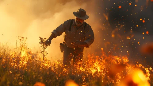 Man in Hat Running through Field of Fire