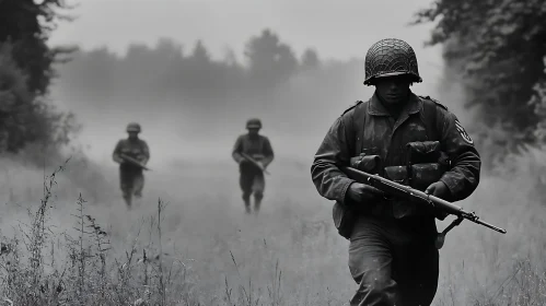 Soldiers Marching Through a Foggy Field