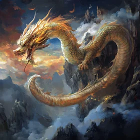 Golden Dragon Above the Clouds