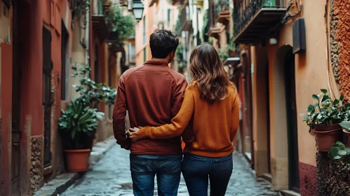 Couple Walking in Narrow European Street