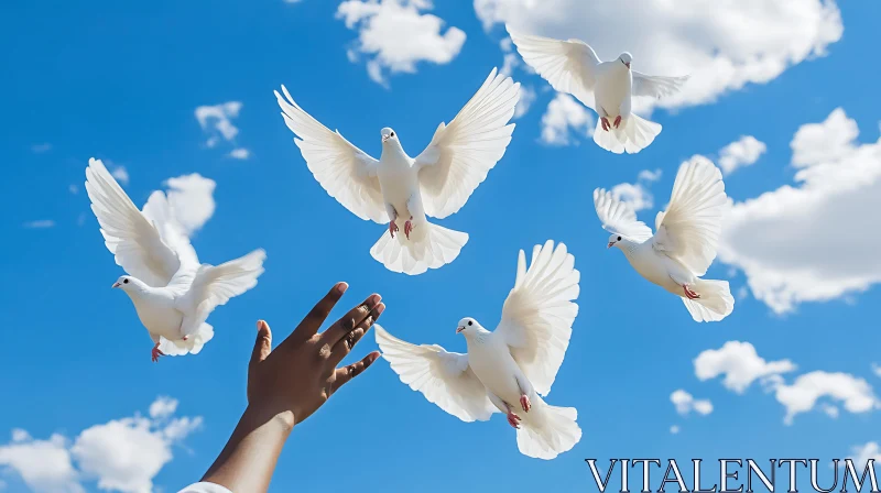 White Doves in Flight Against Blue Sky AI Image