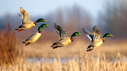 Ducks Flying Over the Field