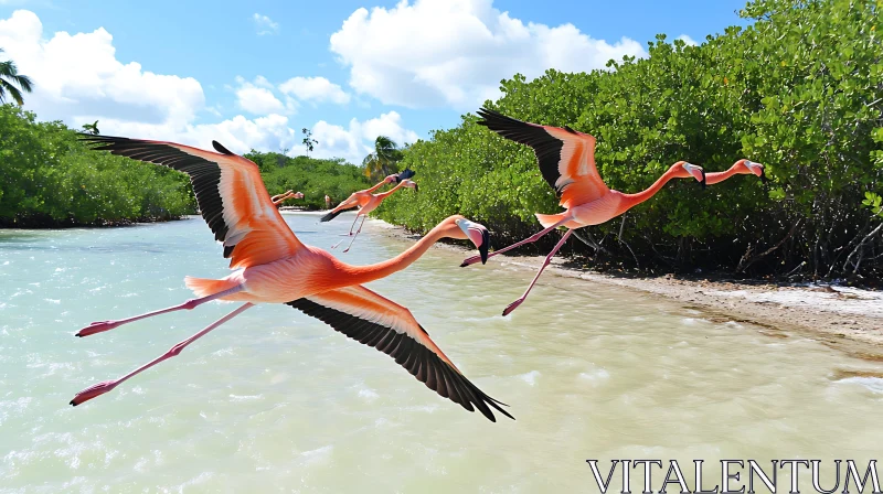 Pink Flamingos Flying Above Water AI Image