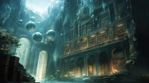 Mystical Library with Floating Orbs