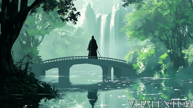 Solitary Figure on Bridge in Forest AI Image