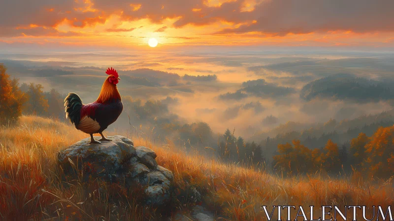 Rooster and Misty Morning Horizon AI Image