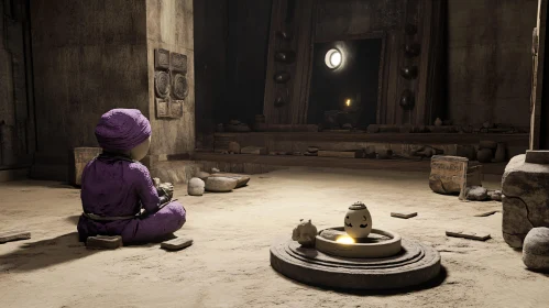 Purple Figure Meditating in Ruins