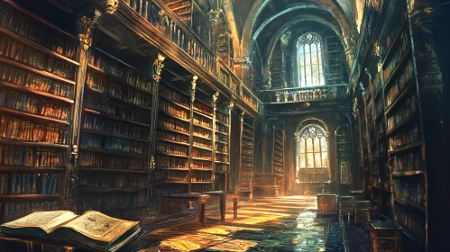 Vintage Library with Sunlight and Open Book