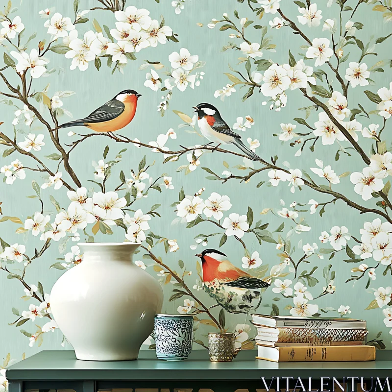 Decorative Room with Floral Bird Wallpaper AI Image