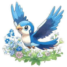 Cartoon Bluebird in Flight with Floral Accent