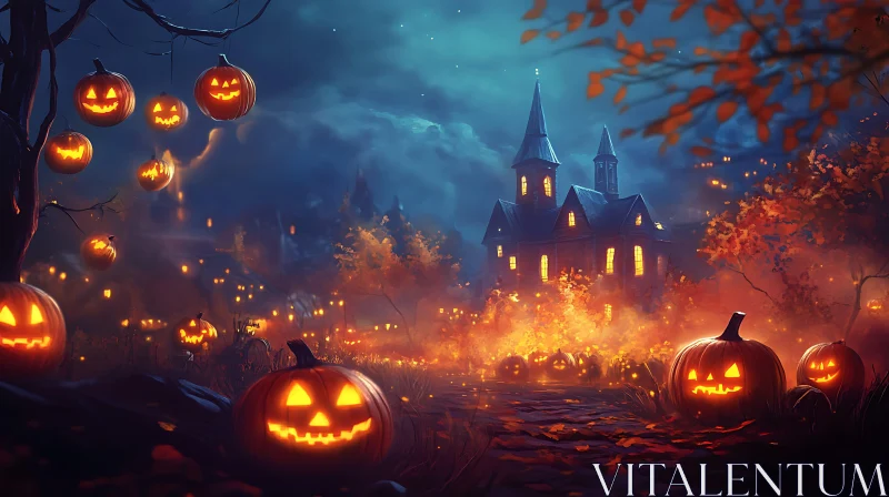 Spooky Castle with Glowing Pumpkins AI Image