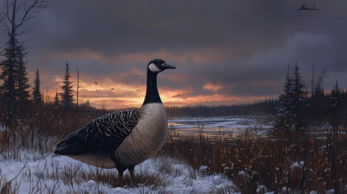 Goose Amidst Snowy Sunset