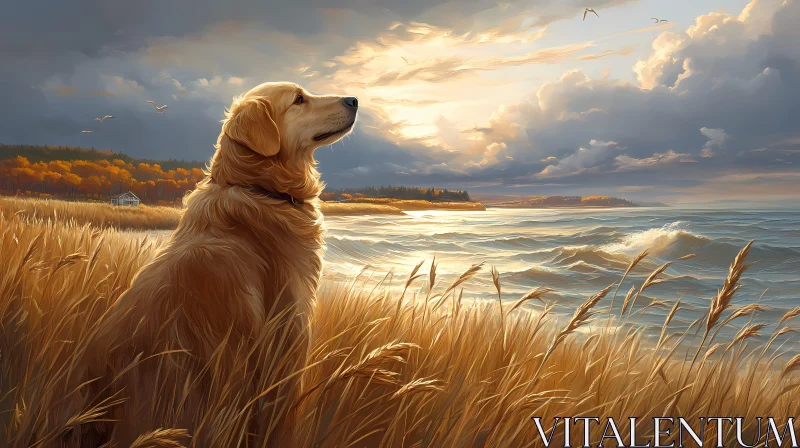 Dog at Seaside Sunset AI Image