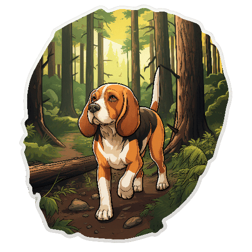 Cartoon Beagle Dog Enjoying a Sunlit Walk in the Woods POD Design