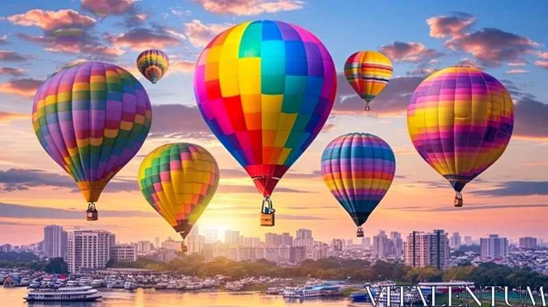 Colorful Hot Air Balloons Flying Over City at Sunset AI Image