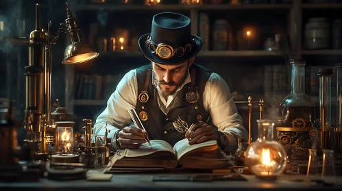 Man In Steampunk Costume Writing