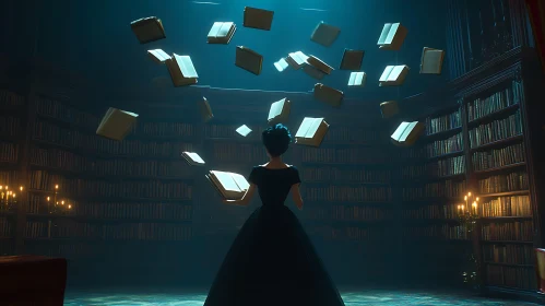Magical Library with Woman and Books