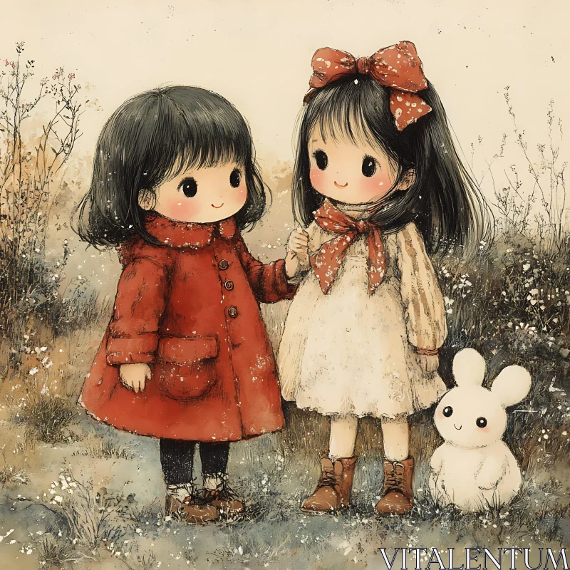 Whimsical Dolls and Bunny Artwork AI Image