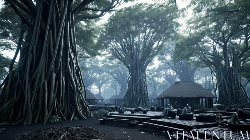 Enigmatic Forest of Ancient Trees and Mysterious Huts AI Image