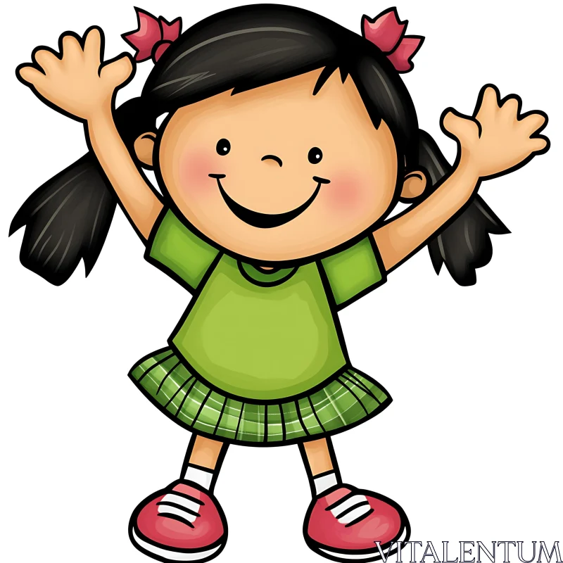 AI ART Happy Girl Cartoon with Green Outfit