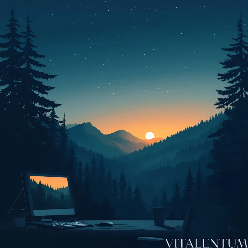 Sunset and Starry Sky Over Forest AI Image