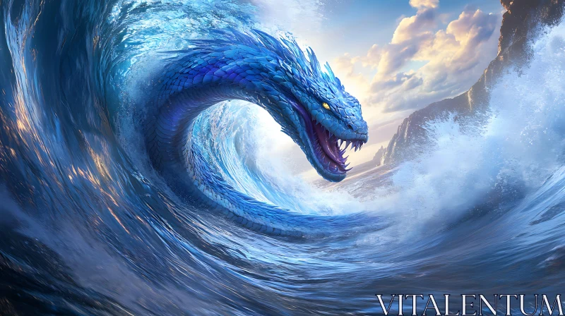 AI ART Serpentine Dragon Emerges From Ocean Wave