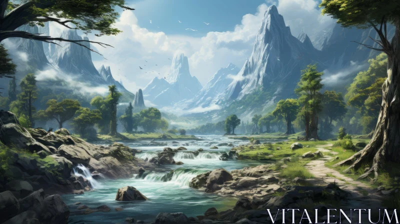 Fantasy Forest Landscape with River and Mountains AI Image