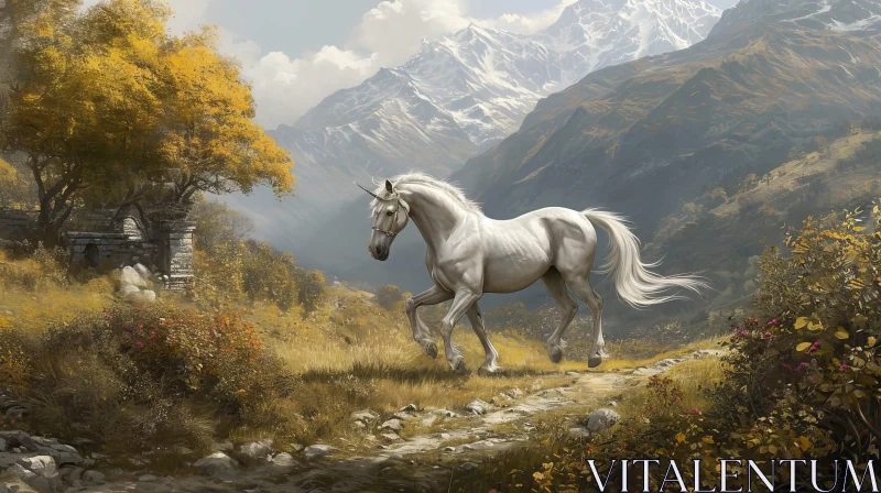 Majestic Unicorn in a Serene Mountain Valley - Digital Painting AI Image