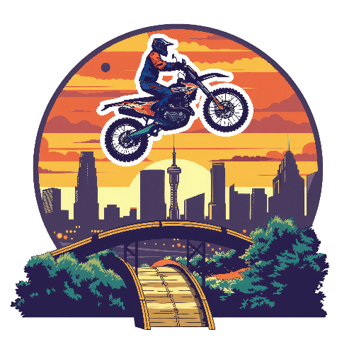 POD Design Motocross Adventure Over Wooden Bridge at Sunset