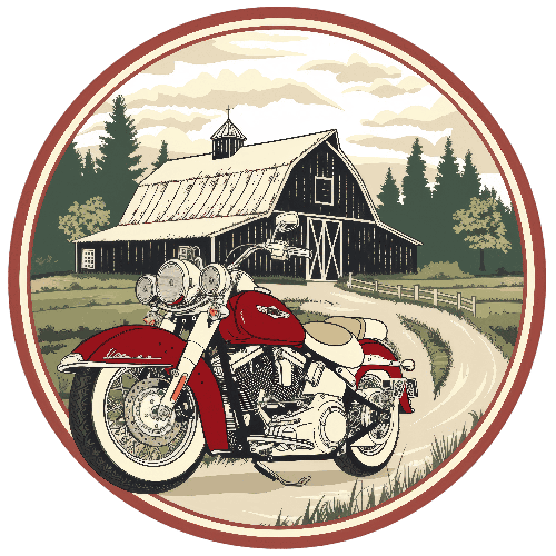 Red Harley-Davidson Motorcycle Parked by Wooden Barn POD Design