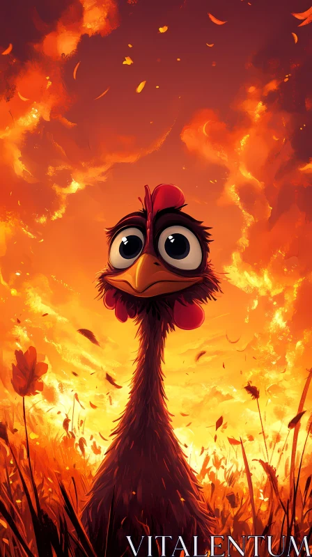 Chicken in Fiery Field AI Image