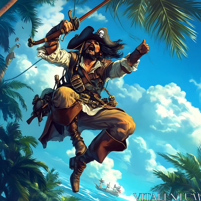 AI ART Swashbuckler's Skyward Jump on Tropical Island