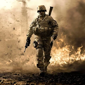 Warrior Walking Through Fire and Smoke