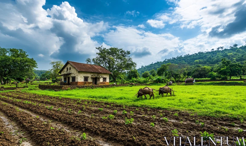 Rural Farm Scene with Oxen and Old House AI Image