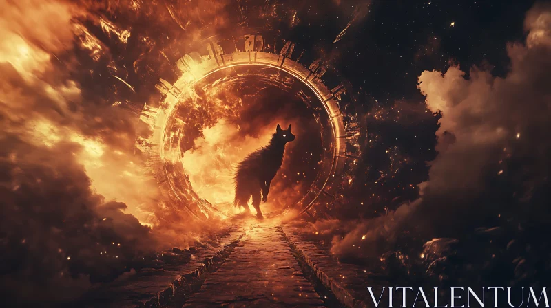 Mystic Wolf and the Gateway of Fire AI Image