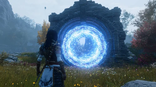 Woman at Glowing Portal in Grassy Field