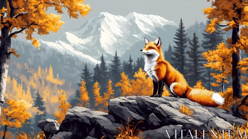 Autumnal Scene with Fox and Mountains AI Image