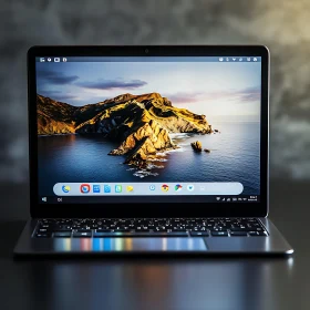 Laptop Displaying Stunning Mountain and Ocean Wallpaper